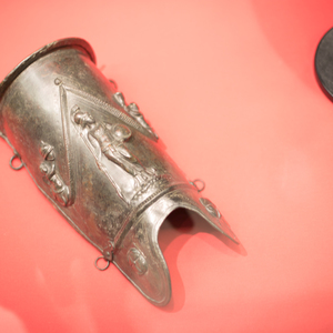 Short gladiator greave. Bronze,Pompeii,portico of theaters,National Archaeological Museum,Naples. First half of the 1st century AD