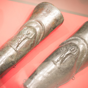 Long gladiator greaves. Bronze,Pompeii,portico of theaters,National Archaeological Museum,Naples. First half of the 1st century AD