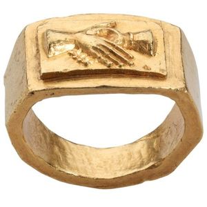 Roman gold ring with clasped hands, third century CE. The motif could express concord or alliance, but does not by itself establish a wedding function.