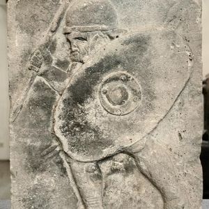 Image of a Roman auxiliary with a spear and javelins. Bas-relief of the pedestal of one of the columns that decorated the courtyard in front of the complex of buildings of the headquarters (praetorium and principia) of the citadel of the Roman city of Mogontiac (Latin Mogontiacum,modern. German city of Mainz). "Land Museum",Mainz,Germany. Second half of the first century AD