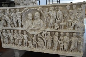 Sarcophagus of Two Brothers,III-IV century A.D. Catacombs near Rome. Preserved in the Pio Cristiano Museum,Rome