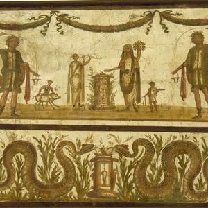 Lara and the genius. Fresco from Pompeii (Insula VIII,2,lararium). Inv. no. 8905. Naples,National Archaeological Museum. 69-79 AD