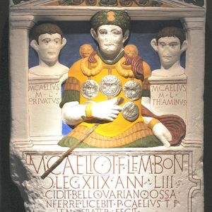 Colour reconstruction of the tombstone of Marcus Caelius, centurion of the Eighteenth Legion. The original dates to the early first century CE, LVR-LandesMuseum, Bonn; the displayed colouring is a modern interpretation.