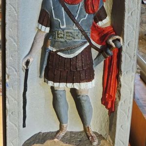 Colour reconstruction of the Colchester tombstone of Marcus Favonius Facilis. The original dates to the mid-first century CE; the displayed colouring is a modern interpretation.