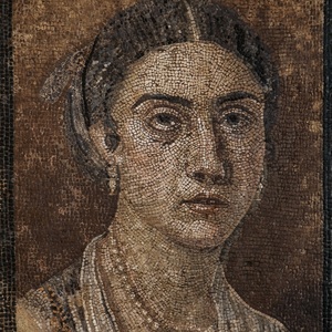 Mosaic portrait of a woman wearing a pearl necklace, from Pompeii. National Archaeological Museum, Naples, inv. 124666. Second half of the first century CE, before 79 CE.