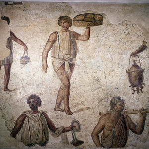 The slaves are preparing for the festival. Mosaic. Carthage. It is kept in the Louvre Museum. 2nd century AD
