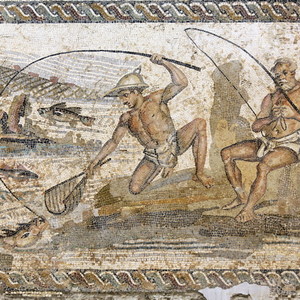 Roman mosaic with fishermen. Villa Leptis Magna,Jamahiriya Museum,Tripoli,North Africa. 2nd century AD