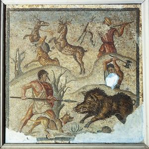 Roman mosaic with hunters. 2-3 century AD
