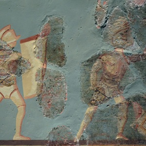 Drawing on the wall with gladiators. Found on Balkerne Lane. Preserved in Colchester Castle Museum,Camulodunum. 2-3 century AD