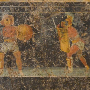 Фреска с гопломахом и мурмиллоном. Римская Вилла в Мерхене. Museum of Pre- and Early History, Saarbrücken, Germany. 3-ий век н.э.