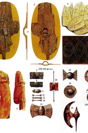 1,2 — one of the wooden shields recovered from the lake at La Teng. Neuchatel Museum,Switzerland. 1 — the outer part of the oak shield,which shows a vertical rib and an umbon in the form of an iron strip. 3rd century BC