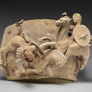 A Galatian rider knocks his opponent out of the saddle. Terracotta relief from a canosa vase. Late 3rd century BC