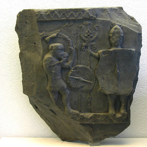 A stele from Bormio in northern Italy depicting a Gallic trumpeter and standard bearer. 4th-2nd century BC