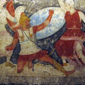 A warrior in the linothorax. Fragment of a fresco from the "tomb of the Amazons" in Tarquinia. 4th century BC