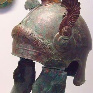 Ceremonial helmet Made in Southern Italy. Bronze. Shot at the Getty Villa in Malibu,California. 350-300 BC