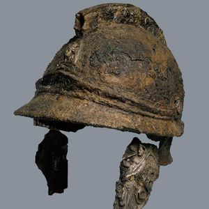 Iron helmet with silver decoration, attributed to Melos, Greece, 360–300 BCE.