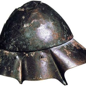 This bronze Boeotian helmet was found in the Tigris. Located in the Ashmolean Museum, Oxford. 4th-2nd century BC