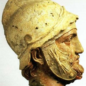Terracotta head with an Attic helmet. Bactria. 4th-3rd century BC