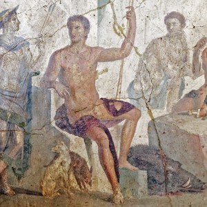 Detail of a painted Macedonian tomb at Agios Athanasios, near Thessaloniki, showing headwear; late fourth century BCE.