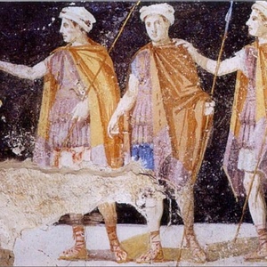 Detail of a painted Macedonian tomb at Agios Athanasios, near Thessaloniki, showing headwear; late fourth century BCE.