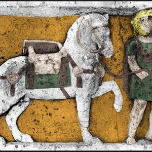 Tombstone of the horseman Silius from Dienheim with restored flowers. Inv. Nr. S50 Mainz,Germany. 2nd century AD