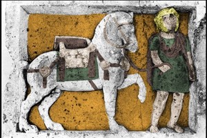 Tombstone of the rider Silius from Dienheim with restored flowers. Inv. Nr. S50 Mainz,Germany. 2nd century AD