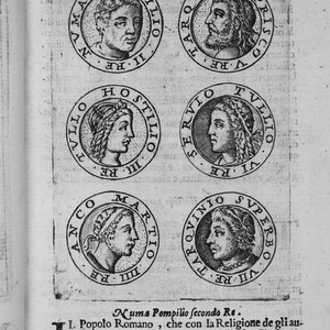 Page with images of Roman kings from the book "Portrait of Ancient Rome" by Totti Pompilio.1633