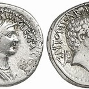 Denarius,minted in honor of the campaign in Armenia. Left — Cleopatra,right-Antony and the inscription "Antoni Armenia devicta"