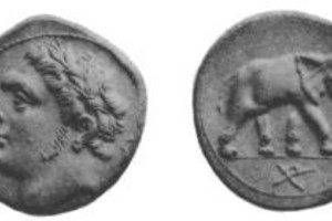 Coin of Numidia during the reign of its king Jugurtha. Minted around 110 BC,the coin features King Jugurtha on one side and an elephant on the other. Private collection.