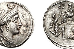 Denarius depicting the captivity of the Numidian king Jugurtha,Sulla. Minted by L. K. Sulla's son,Faustus Sulla,in 56 BC. Most likely,the reverse of the denarius shows a copied image from Sulla's ring,which he ordered for himself after the end of the Jugurtha War. Sulla is shown in the center sitting in a chair. To the left of it is a kneeling figure of the Moorish king Bocchus,on the other side is a bound Jugurtha.