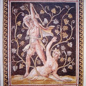 Roman mosaic depicting the myth of Lycurgus and Ambrosia. Lycurgus is depicted at the moment of killing Ambrosia with an axe,when it turns into a vine. Eastern Mediterranean. 2nd century AD