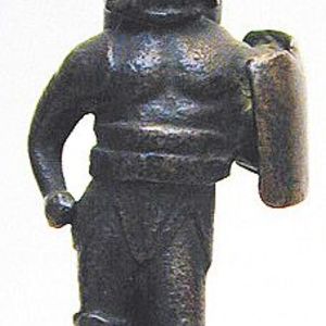 Bronze figure with a gladiator,presumably with samnite. British Museum,London. 1st century AD