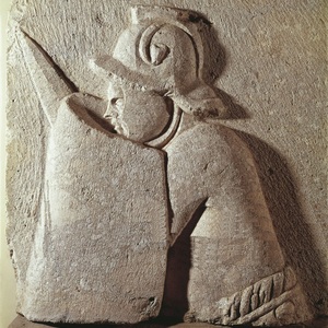 Bas-relief with a gladiator-samnite. Museum of Italian Civilization, Benevento, Italy. 2nd century BC-1st century AD