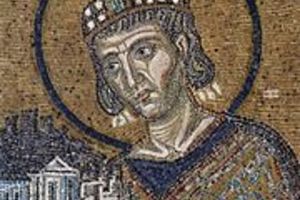 Constantine the Great brings the City as a gift to the Mother of God. Mosaic over the entrance to the Hagia Sophia