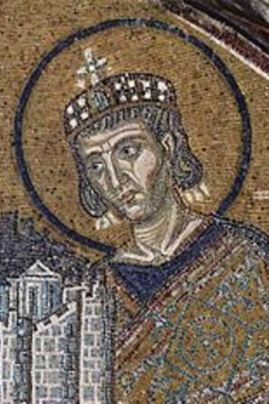 Constantine the Great brings the City as a gift to the Mother of God. Mosaic over the entrance to the Hagia Sophia