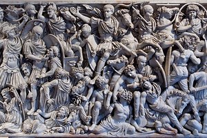 Battle of the Romans with the Germans circa 252. It is assumed that the battle of Roman troops with the Goths is depicted.