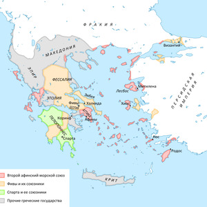 Map of the unions of Greek states in 362 BC.