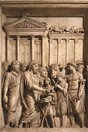 Sacrifice to Jupiter Capitoline. Relief panel from the triumphal arch of Marcus Aurelius (presumably). Marble. 176-180 AD