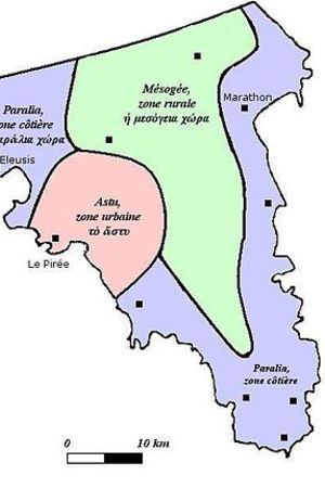 Schematic map of Attica showing urban,coastal,and inland zones