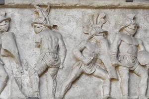 Bas-relief in honor of the gladiator games in the city of Teate (Chieti). Colosseum Alley,Rome,AD 20-40