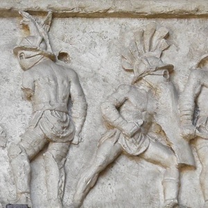 Барельеф в честь гладиаторских игр в городе Teate (Chieti). Аллея Колизея, Рим. 20-40 года н.э.