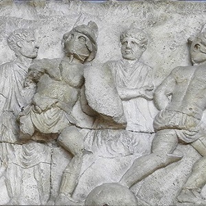 Барельеф в честь гладиаторских игр в городе Teate (Chieti). Аллея Колизея, Рим. 20-40 года н.э.