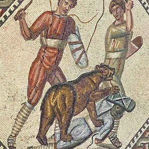 Мозаика гладиаторов на римской вилле в Ненниге, Германия. Начало 3-го века н.э.