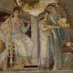 Mural of women with open shoes (sandals). Dressing a priestess or bride,Palaestra Forum Baths at Herculaneum,79 AD
