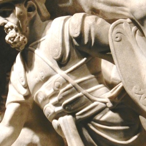 "Portonaccio sarcophagus’" piece with a solider wearing lorica segmentata, there is a theory, that the lorica segmentata was made out of leather, 180 CE. National Roman Museum.