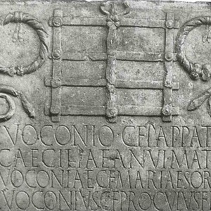 Relief showing Roman military decorations and equipment. Museo Nacional de Arte Romano, Mérida. The owner’s rank should not be established solely from the objects shown.