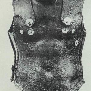An iron thorax with gold accessories, found in the Prodromi tomb in Epirus. 290-270 BCE