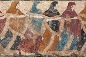 A painted slab depicting a funeral dance from Ruvo (Tomb of the Dancers). Inv. No. 9357. 5-4 century BC
