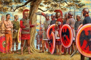 Alamannic chiftain Honodomarius surrenders to Caesar Julianus after battle at Argentoratum.