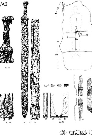 Roman spatha from the 4th century AD, drawing from a soldier's grave in Liebenau.